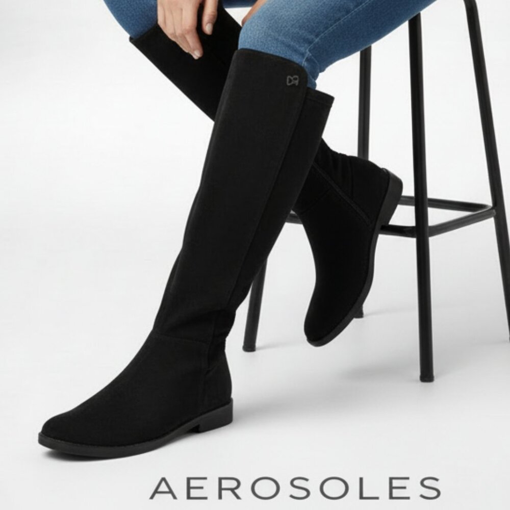 AEROSOLES Tierra Black Vegan Suede Knee High Boots With Comfort Technology, New